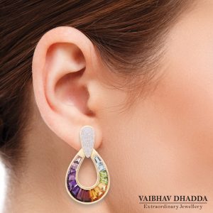 Multicolor Raindrop Earrings Jaipur Jewels - Tapered Baguettes Specialist with Model