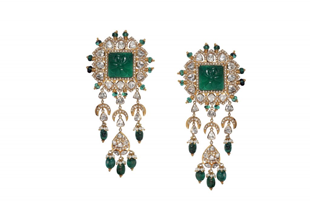 Carved emrald drop earrings by RK Jewellers South Extension
