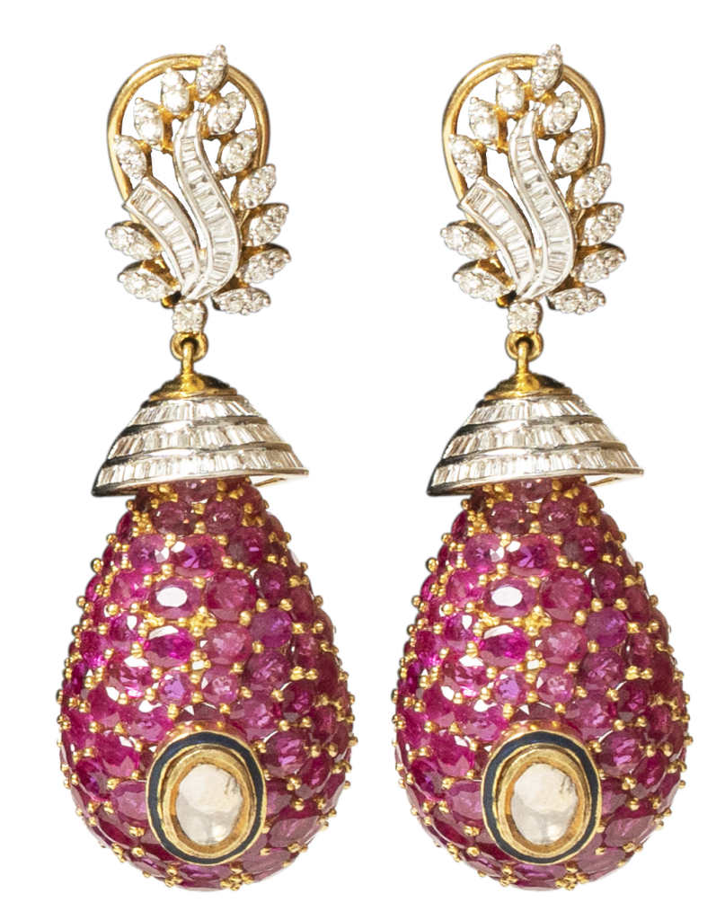 Drop Earrings crafted in 18k gold with polki,fine cut diamonds,brilliance diamonds and semi precious stones