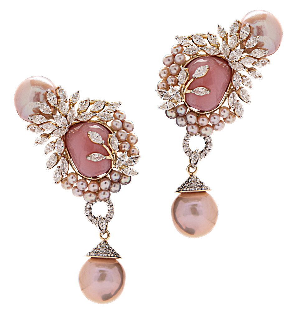 Earrings crafted in 18k gold with marquise shaped diamonds,pink pearls and semi precious stones