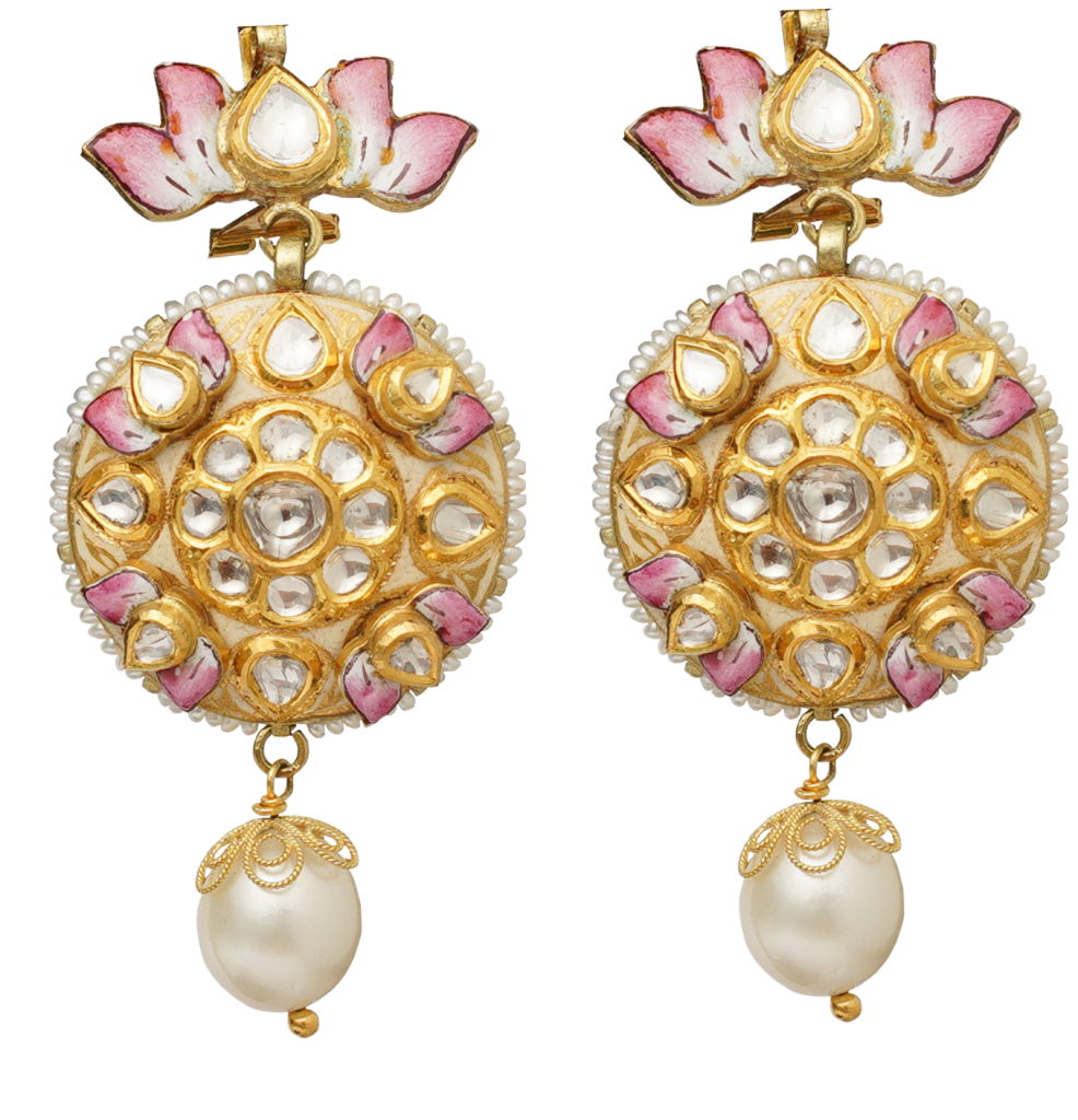 Earrings crafted in 18k gold with polki,pink semi precious stones and pearls