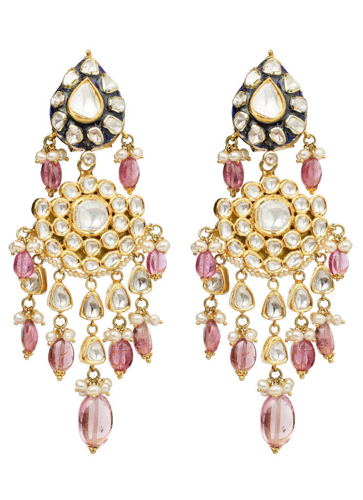Earrings crafted in 18k gold with polki,pink semi precious stones and small pearls