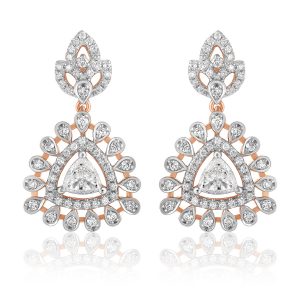 Earrings curated in rose gold with trillion cut and round brilliant diamonds by Rivana Gold and Diamonds