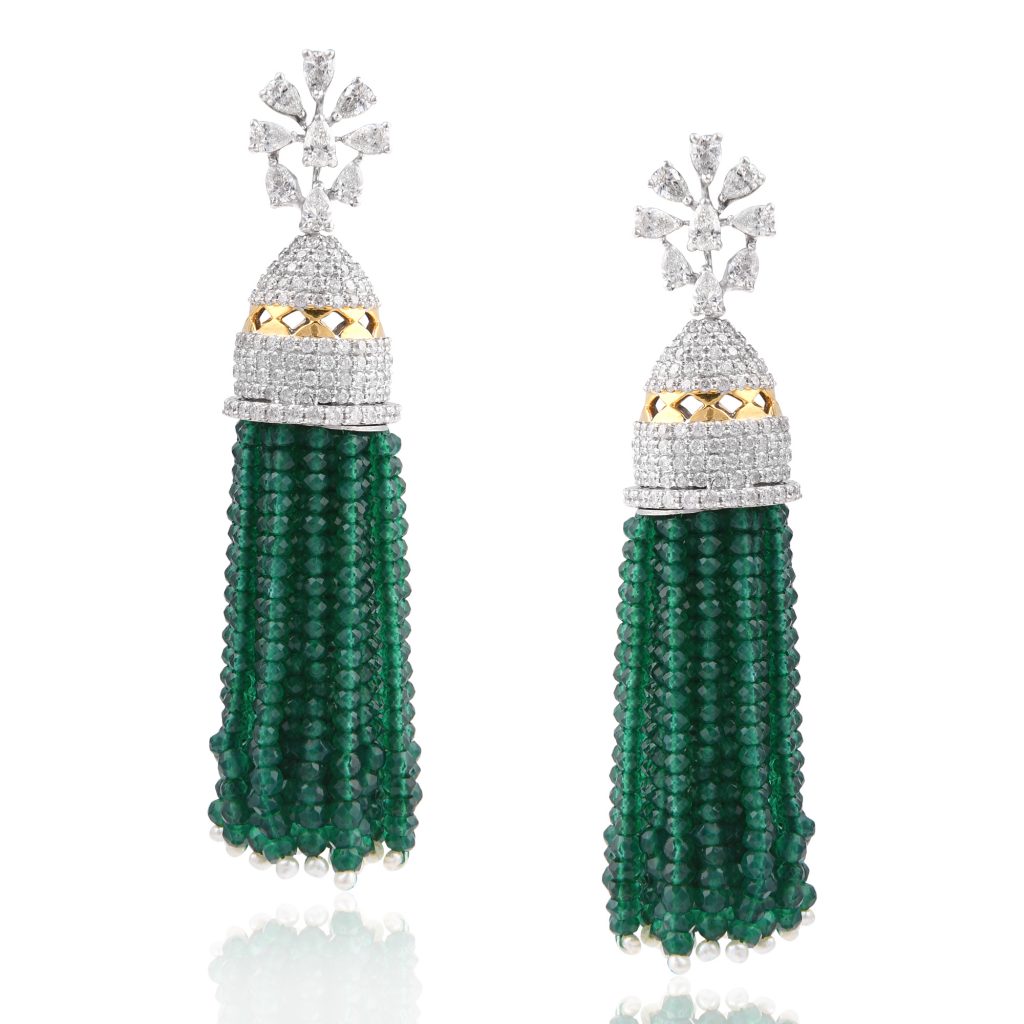 Green Tassel and diamond earrings by RK Jewellers South Extension 2