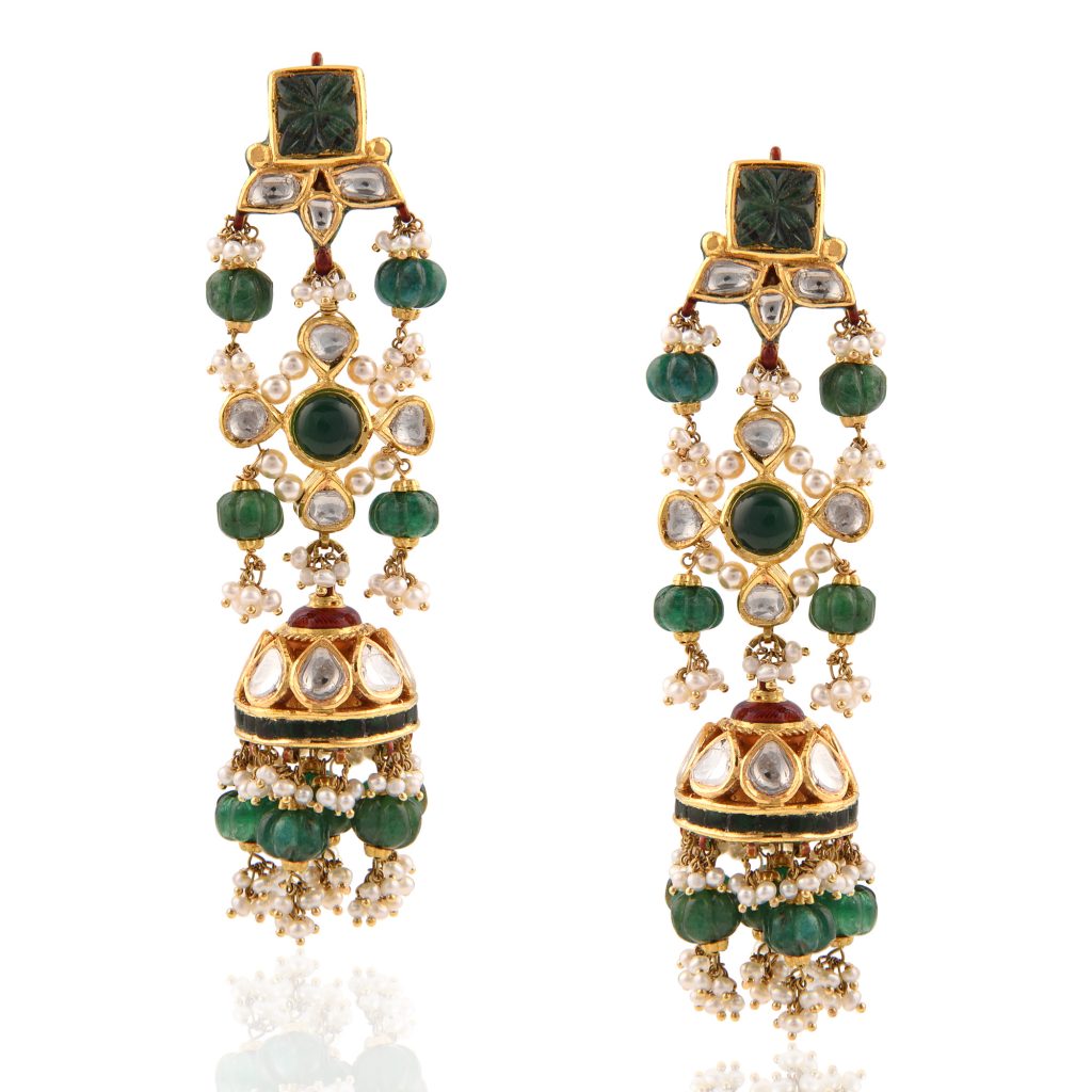 Jhumka eaarings with carved emerald stone by RK Jewellers South Extension