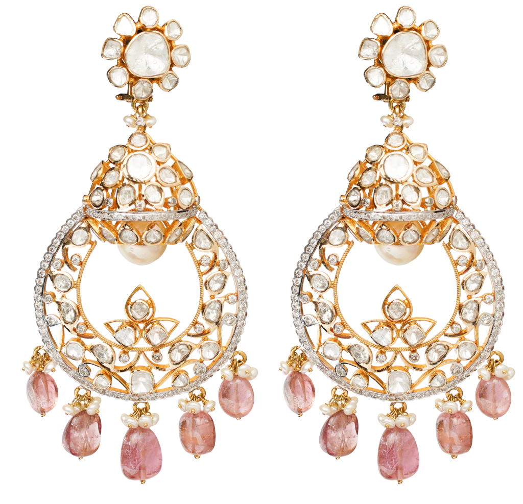 Jhumkas crafted in 18K gold with polki and pink semi precious stones