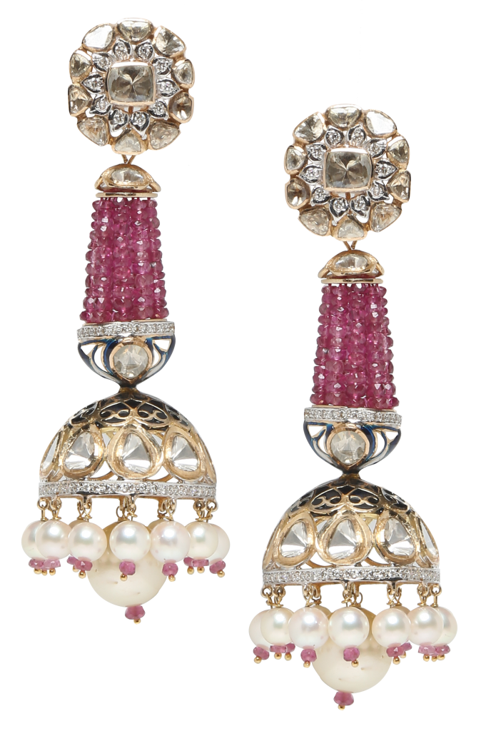 Jhumkas crafted in 18k gold with polki,rubies,brilliant diamonds and white sea pearls