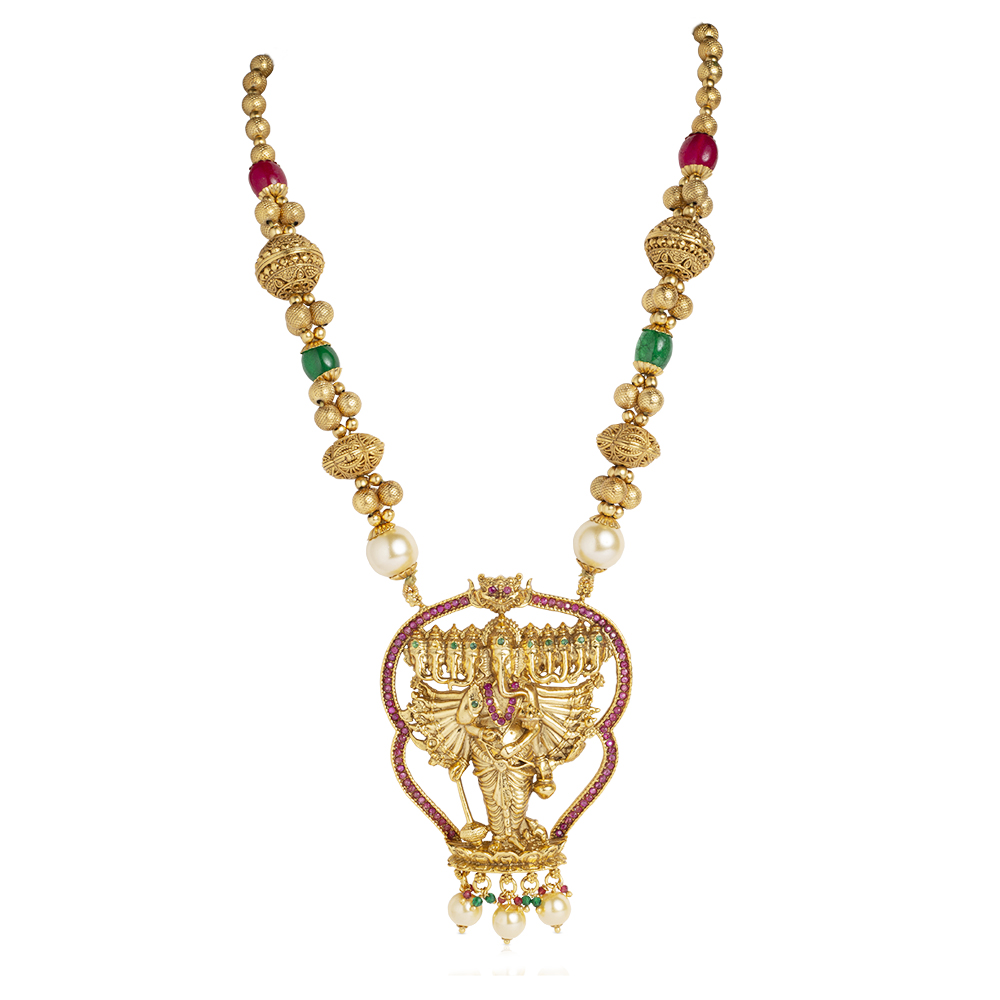 Gold plated necklace featuring Iconic Dashmukh Avatar of Lord Ganesh adorned with green red and white beads crafted by Izaara