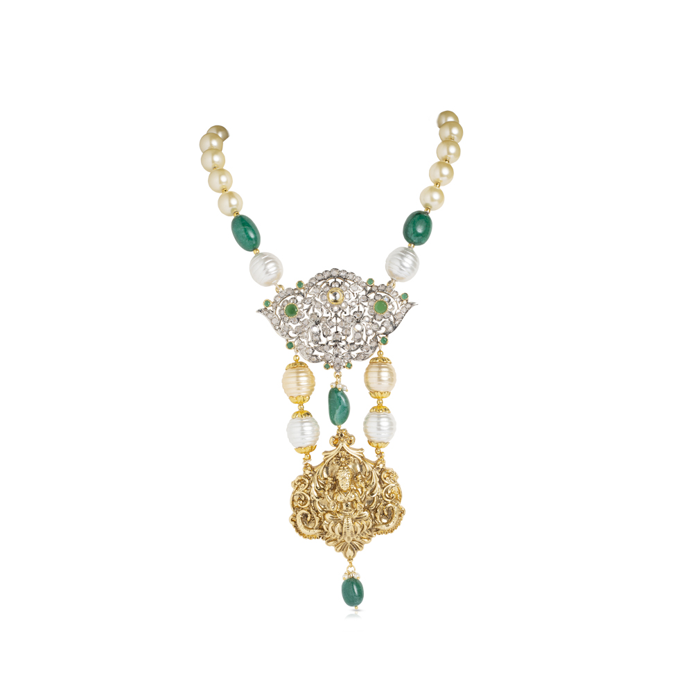 Gold plated temple necklace featuring goddess designed with green and white beads alongwith semi precious diamonds