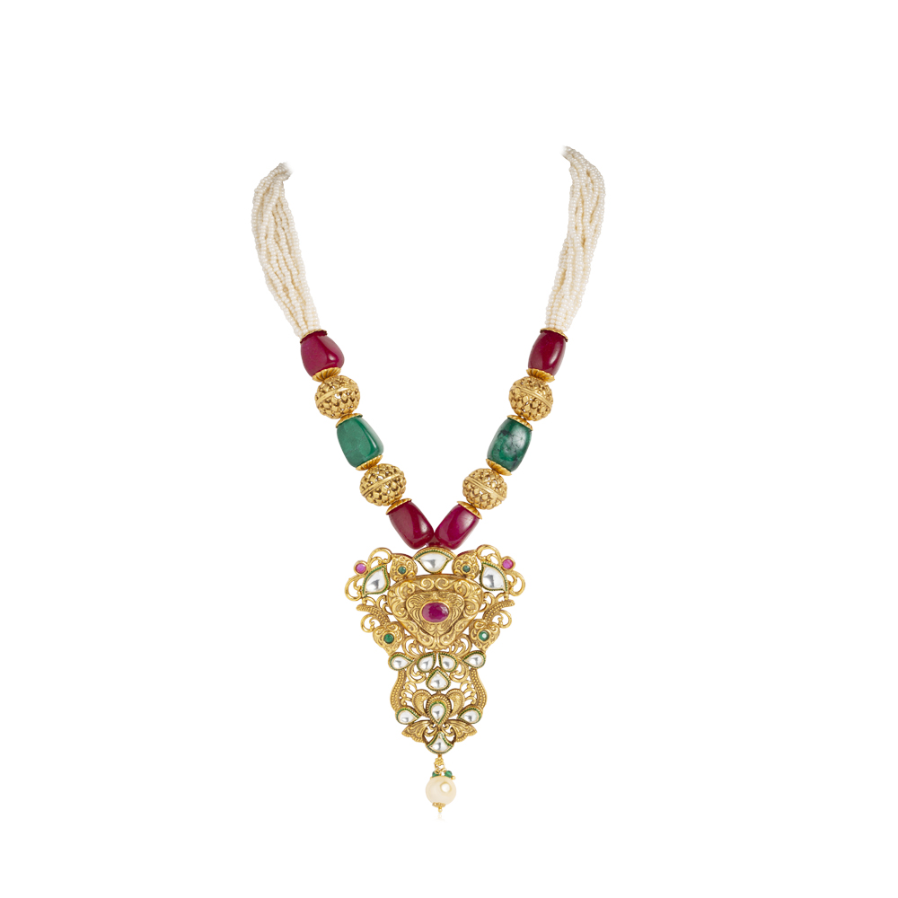 Pearl String Necklace with Red and Green Beads suspended with a Gold Plateted Statement Pendant