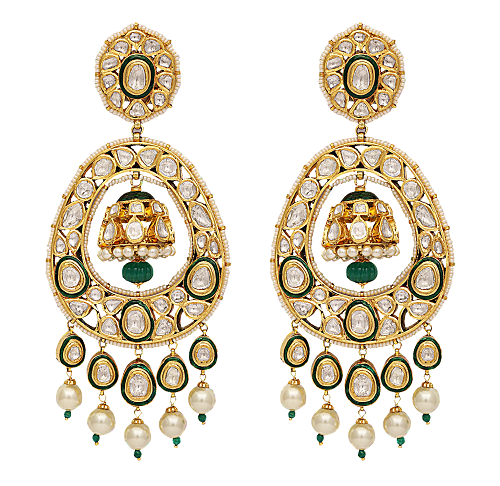 22K-Gold-earrings-studded-with-diamondsand-pearls-and-green-beads-with-green-enamelling