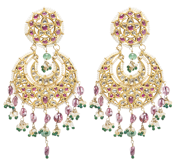 22K-Gold-festive-Chandbalis-with-Pink-pastel-beadswhite-and-green-small-beads-crafted