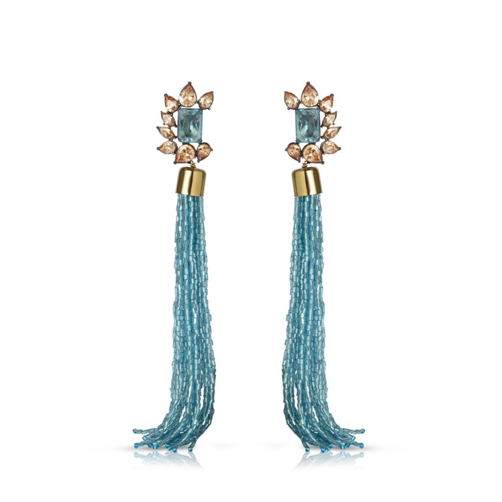 Aquamarine Long Tassel Earrings with Sapphire and Champagne stones by Izaara