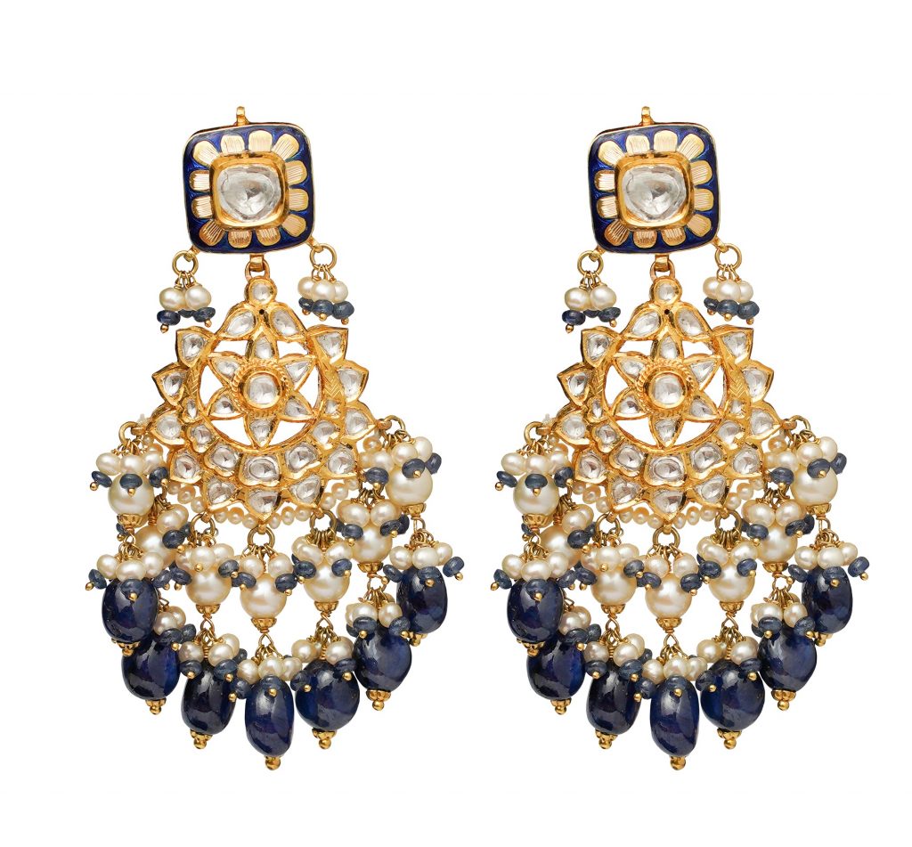 Danglers-with-sapphire-blue-beads-and-white-pearls-crafted-in-polki-and-22K-gold