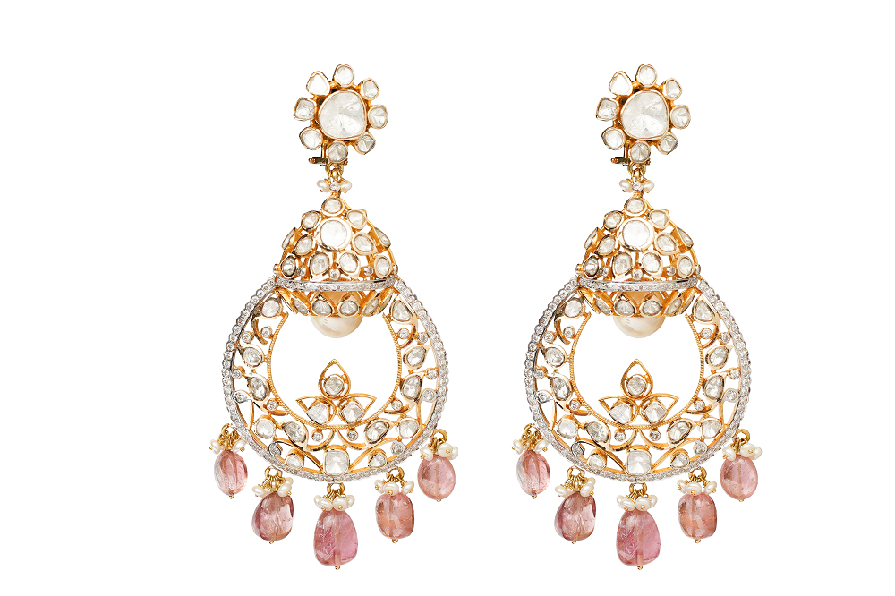 Earrings-crafted-with-polki-and-uncut-diamonds-in-22K-Gold-with-pastel-pink-beads