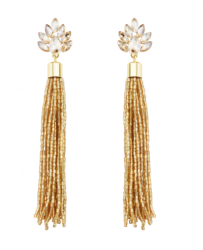 Elegant Golden colored long tassel earrings with lotus inspired petals as stud crafted by Izaara