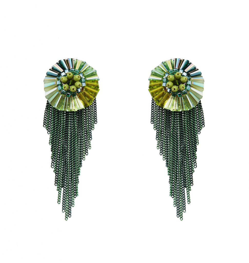 Forest green beaded tassels with floral inspired stud in different shades of green crafted by Izaara