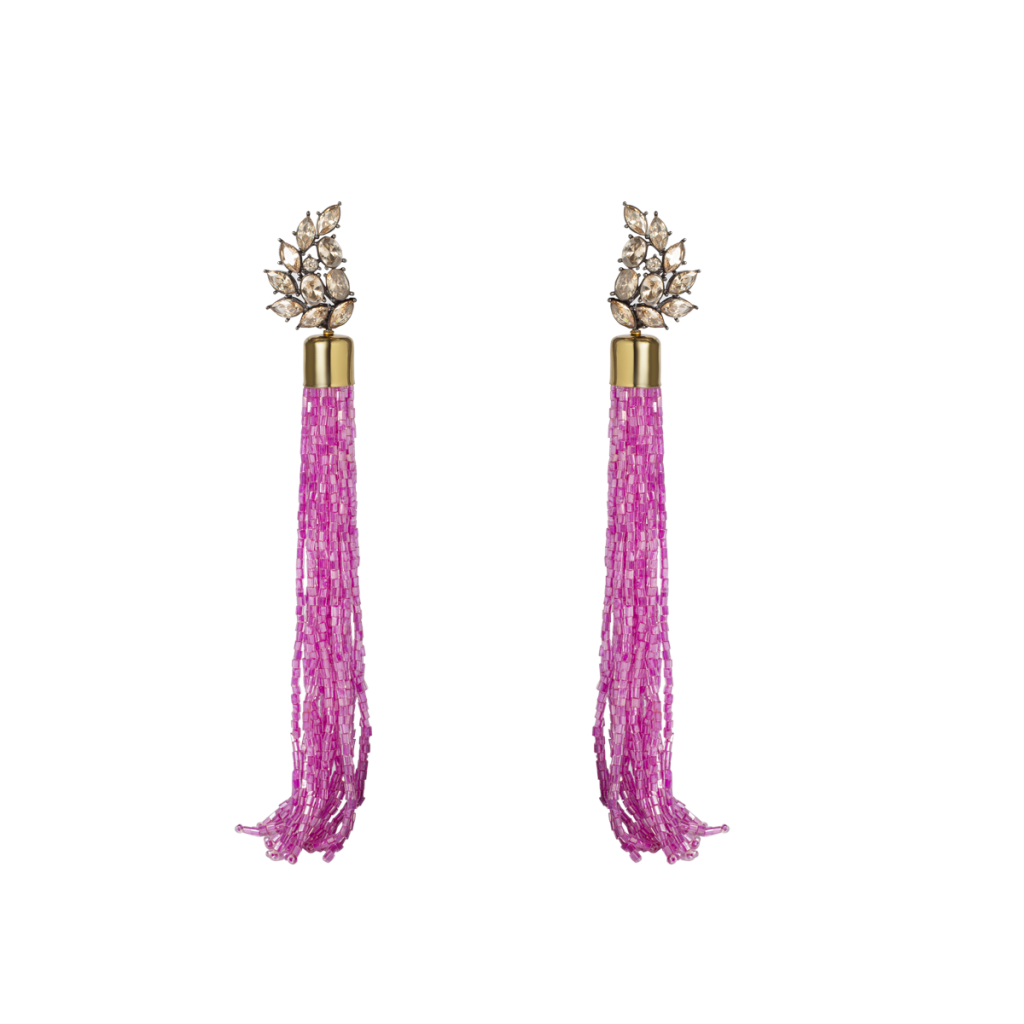 Fuchsia pink long tasseled earrings with leaf shaped stud tops crafted by Izaara