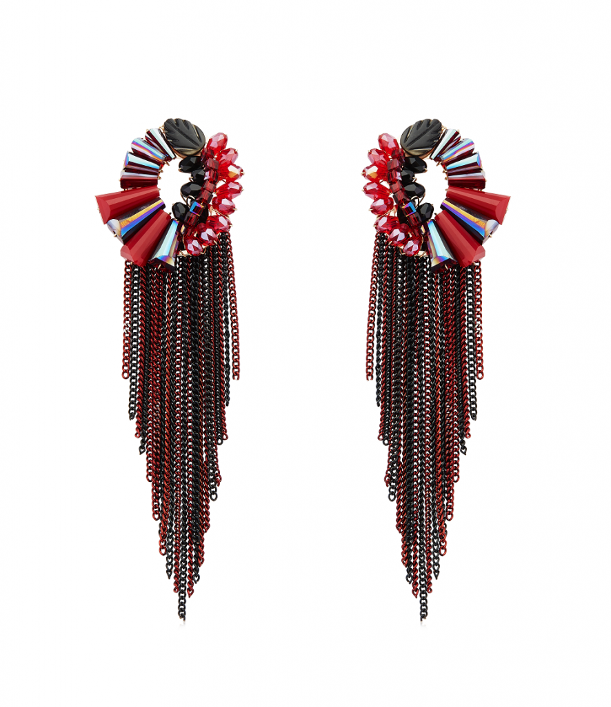 Mahogany and jam color long beaded tassel earrings with Abstract design stud crafted by Izaara