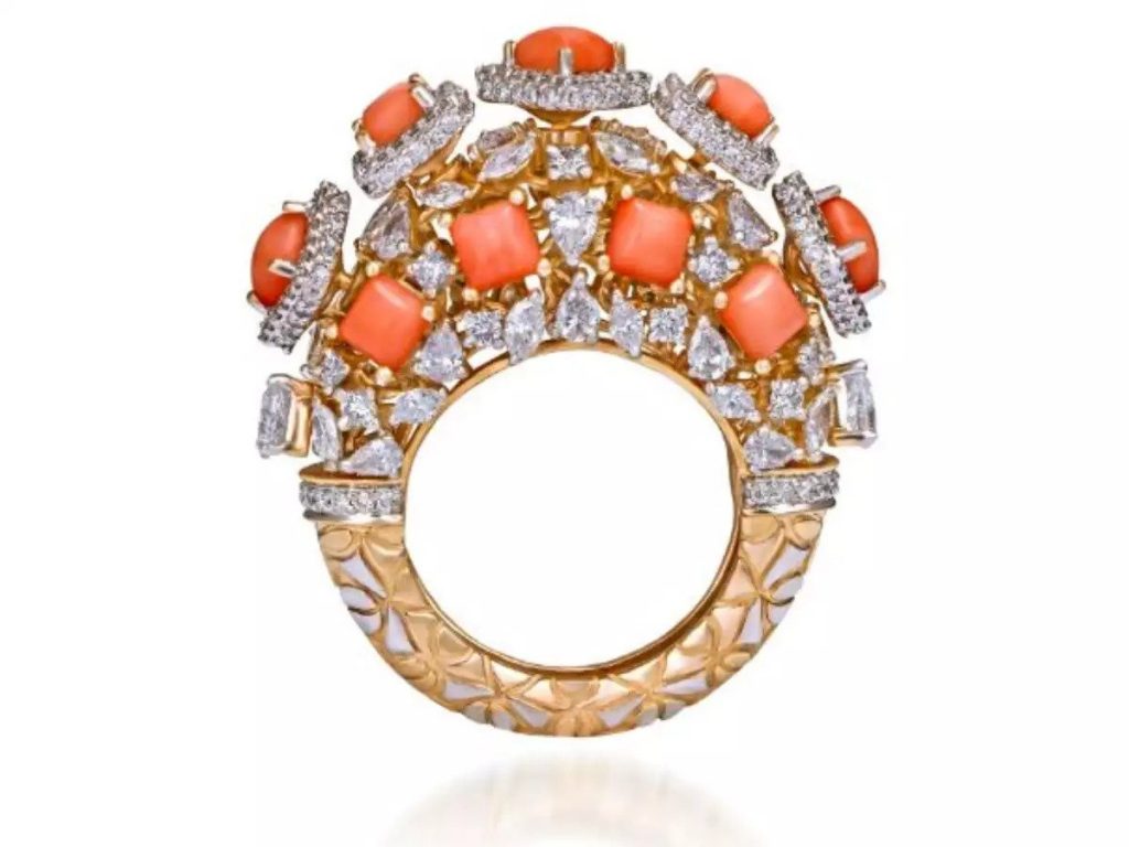 Coral and diamond ring