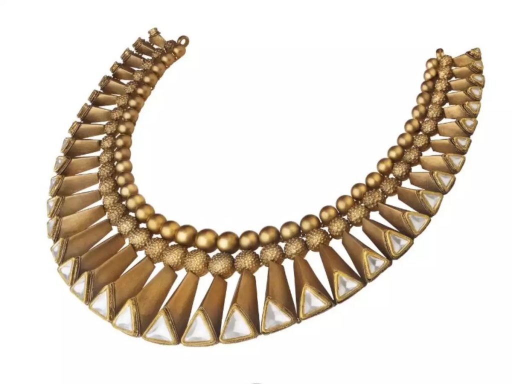 geometrical gold necklace with antique finish by Anand Shah