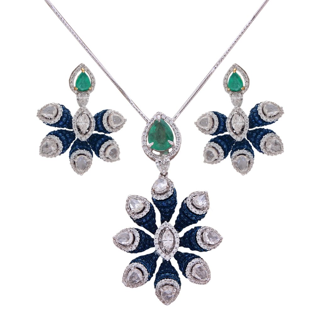 Pendant Set collection by ANMOL crafted in 18 K gold and set with blue sapphires, emeralds, rosecut diamonds and round brilliant diamonds