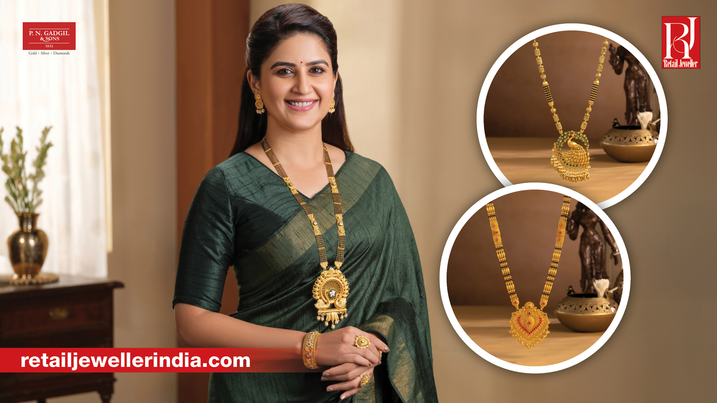 Vaidehi Parshurami features in P. N. Gadgil & Sons' 22nd Mangalsutra Mahotsav campaign showcasing gold and diamond designs.