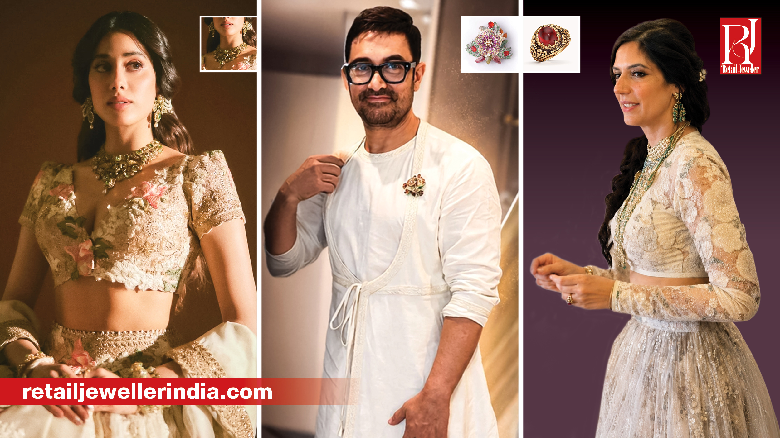 Aamir Khan, Gauri Spratt, Janhvi Kapoor, Bhumi Pednekar, Khushi Kapoor and Anjali Dinesh Anand wearing jewellery from Indian brands.