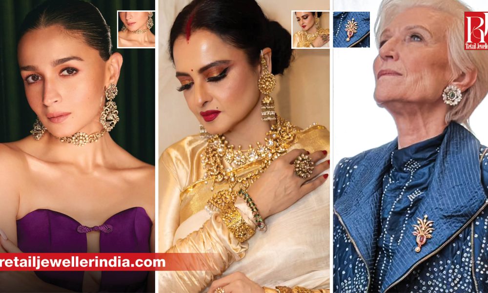 Celebrities including Rekha, Alia Bhatt and Isha Ambani wearing jewellery by leading luxury jewellery brands.