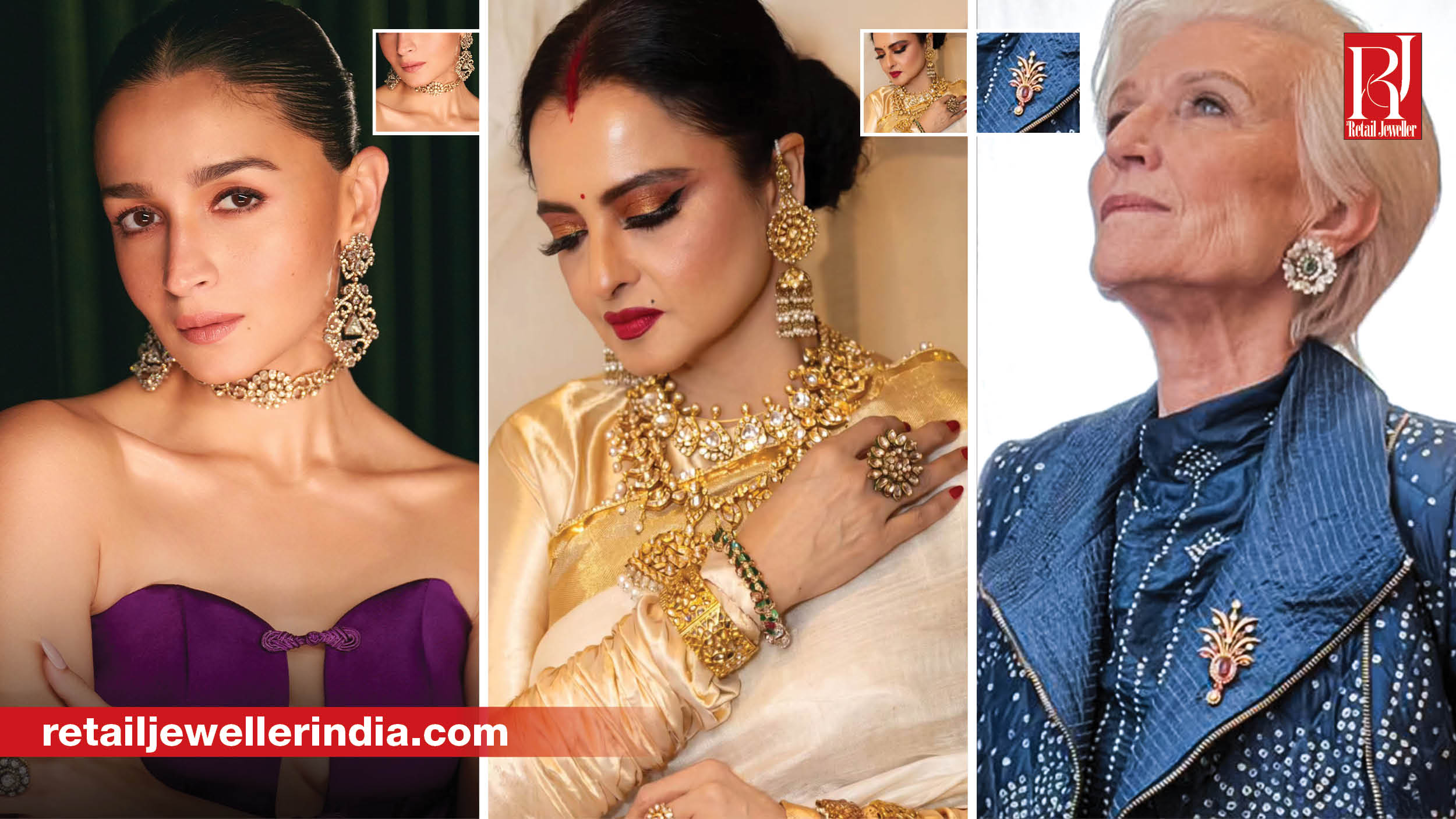 Celebrities including Rekha, Alia Bhatt and Isha Ambani wearing jewellery by leading luxury jewellery brands.