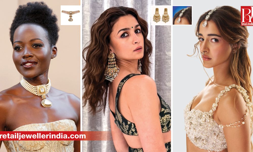 Celebrities including Lupita Nyong'o, Ananya Panday and Alia Bhatt wearing jewellery by leading Indian brands.
