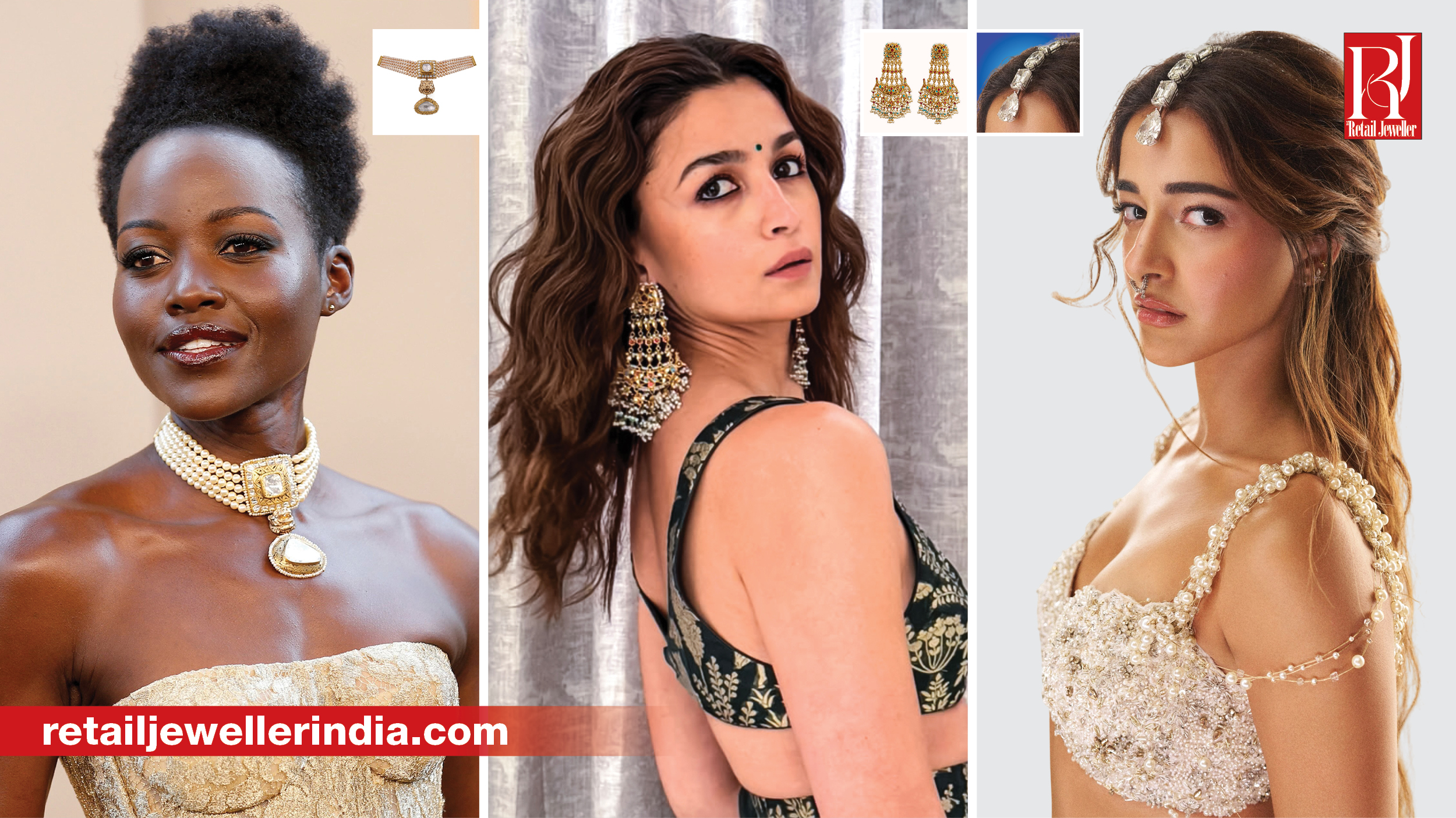Celebrities including Lupita Nyong'o, Ananya Panday and Alia Bhatt wearing jewellery by leading Indian brands.