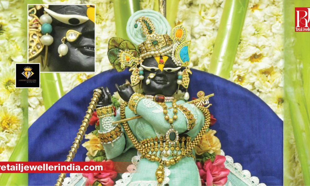 Bespoke pearl nose pin crafted by Lahore Jewellers Jagdish Kapoor for Shri Radha Raman Ji.