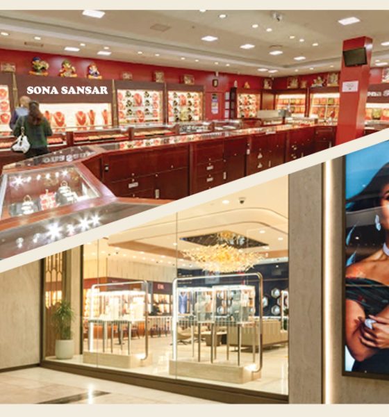 A side-by-side visual showing a traditional Sona Sansar jewellery store and a contemporary luxury jewellery showroom featuring a large campaign display.