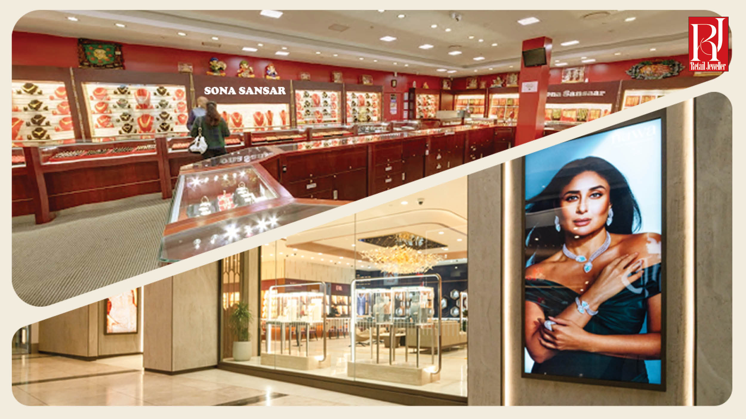 A side-by-side visual showing a traditional Sona Sansar jewellery store and a contemporary luxury jewellery showroom featuring a large campaign display.