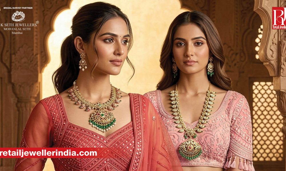 Two models wearing temple-inspired 22kt gold bridal necklaces by S K Seth Jewellers against a heritage backdrop