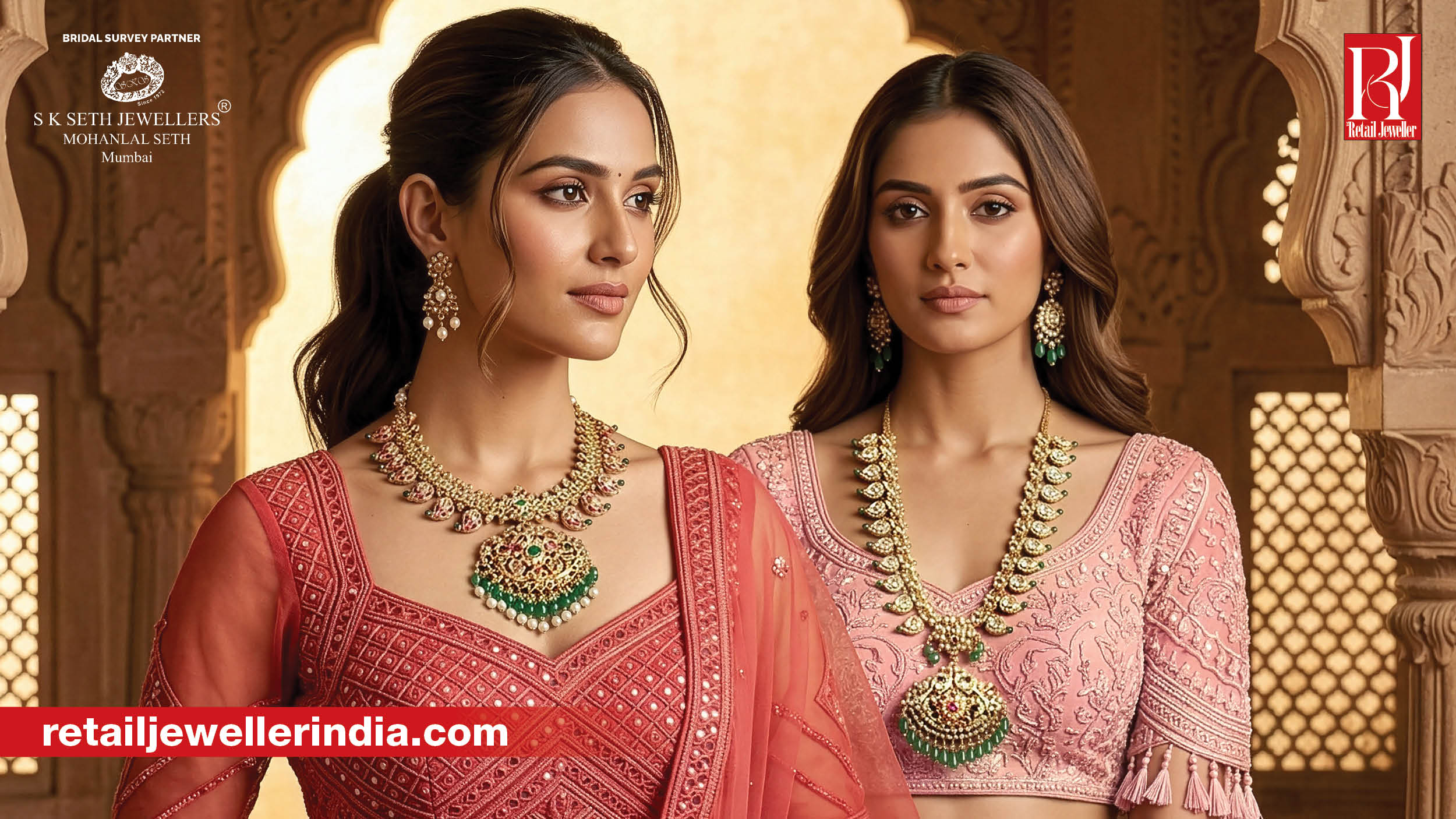 Two models wearing temple-inspired 22kt gold bridal necklaces by S K Seth Jewellers against a heritage backdrop